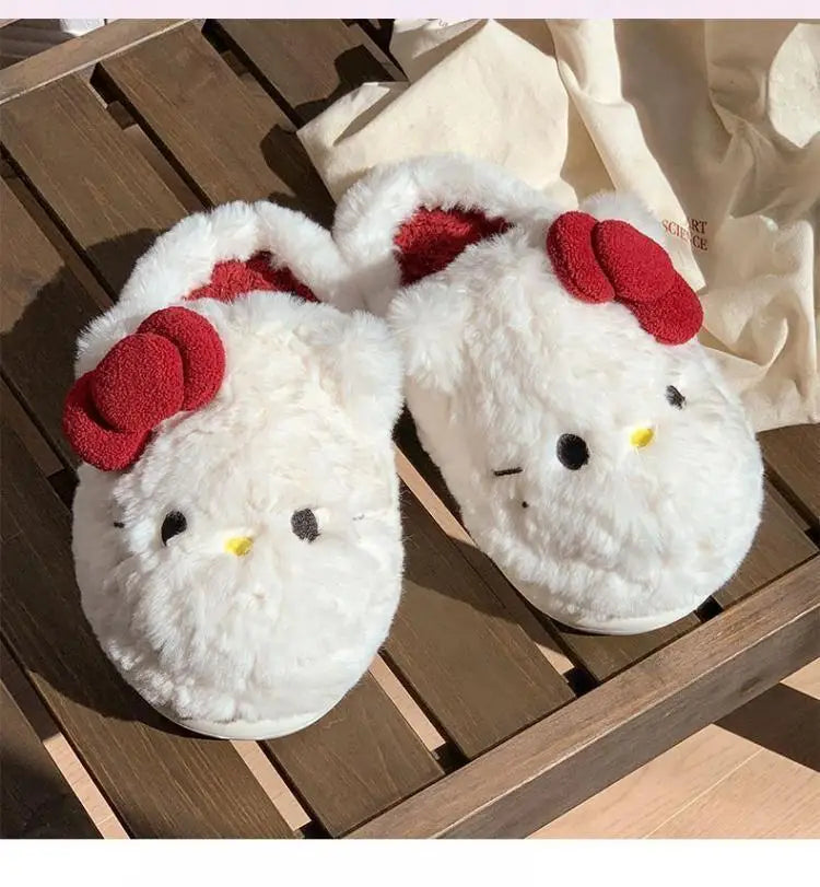 San-Rio Cute Girls Plush Slippers Cartoon Hello Kitty Winter Women Warm Cotton Shoes Female Kawaii Home Thick Sole Shoes Outdoor