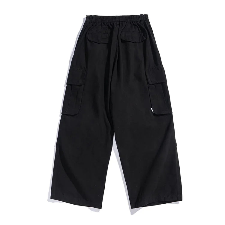 Multi-Pocket Cargo Pants Mens Safari Style Solid Color Pleated Loose Straight-leg Pants Elastic Waist Casual Trousers Men