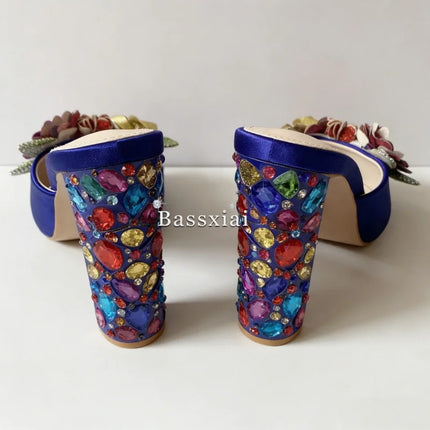 Sandali con tacco alto da donna estivi in seta blu con strass colorati e decorazioni a nodo a farfalla in cristallo per ragazze