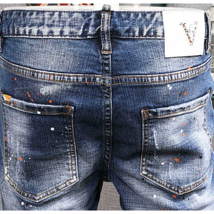 Fashion Streetwear Men Jeans Retro Black Blue Elastic Slim Fit Ripped Jeans Men Spliced Designer Embroidery Hip Hop Denim Pants PlatiNum