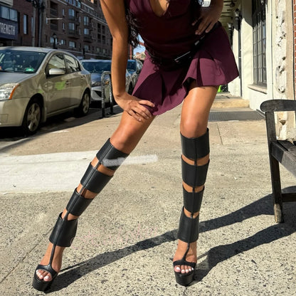 Cut Outs Platform Sandals Thin High Heels Solid Zipper Knee High Women Summer Shoes Open Toe Sexy Style Casual Party Designer