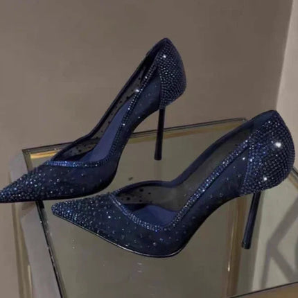 Scarpe col tacco alto a punta tempestate di diamanti in maglia blu con scarpe di cristallo con tacchi fini, nuove scarpe singole in pizzo scavato con tacco sottile platinumshop