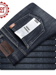 Autumn Winter Men's Jeans Classic Retro Grey Denim Pants Man Work Slim Straight Stretch Cotton Trousers Streetwear Plus Size 40