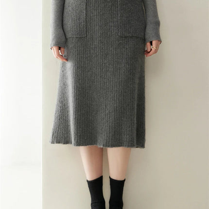 2025 Quality Woman 100% Cashmere Knitwear Thick Basic Skirts Autumn Winter Sexy Long A-Line Drawstring Vertical Stripe  Clothing PlatiNum