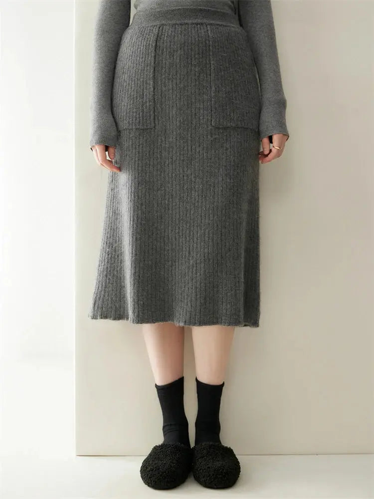 2025 Quality Woman 100% Cashmere Knitwear Thick Basic Skirts Autumn Winter Sexy Long A-Line Drawstring Vertical Stripe  Clothing PlatiNum
