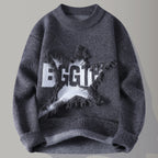 Edgy Star Fringe Knit Sweater – Distressed Lettering Crewneck for Men