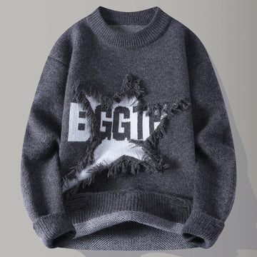 Edgy Star Fringe Knit Sweater – Distressed Lettering Crewneck for Men