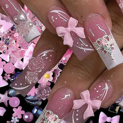 500-600pcs Mixed Aurora Pink Bow/Flower Nail Charms 50g Kwaii Resin Butterfly,Bowknot Y2K Nail Art Decorations DIY Manicure Part
