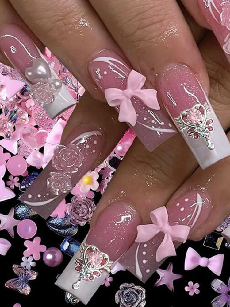 500-600pcs Mixed Aurora Pink Bow/Flower Nail Charms 50g Kwaii Resin Butterfly,Bowknot Y2K Nail Art Decorations DIY Manicure Part