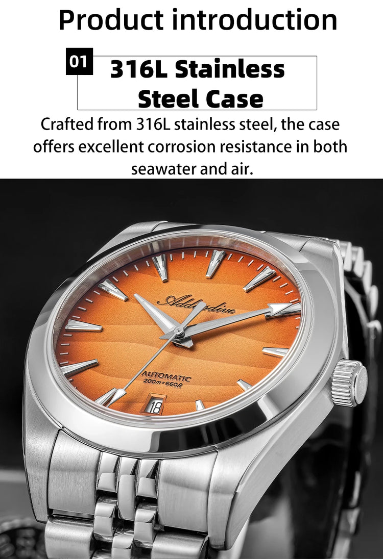 ADDIESDVIE Men Watch AD2540 Desert Dial 20Bar Waterproof 316L Stainless Steel BGW9 Luminous 8215 Mechanical Automatic Watches