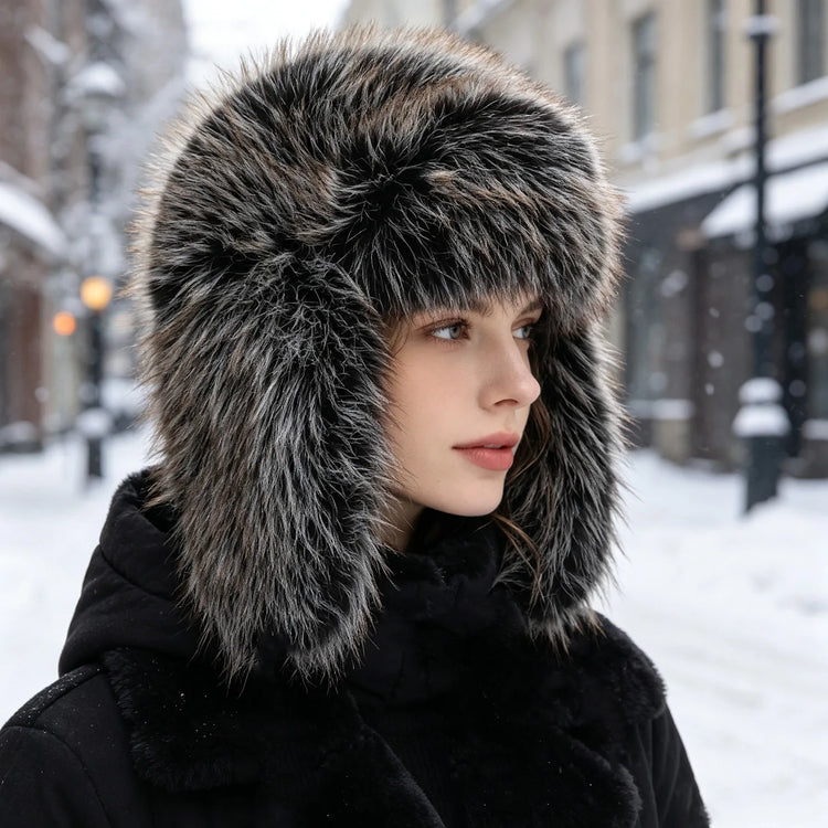 Women's Korean Style Imitation Fox Fur Lei Feng Cap Winter Thick Plush Ear Protection Hat for Outdoor Snow Cold And Warmth