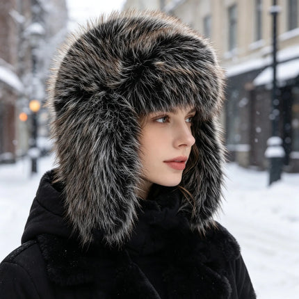 Women's Korean Style Imitation Fox Fur Lei Feng Cap Winter Thick Plush Ear Protection Hat for Outdoor Snow Cold And Warmth