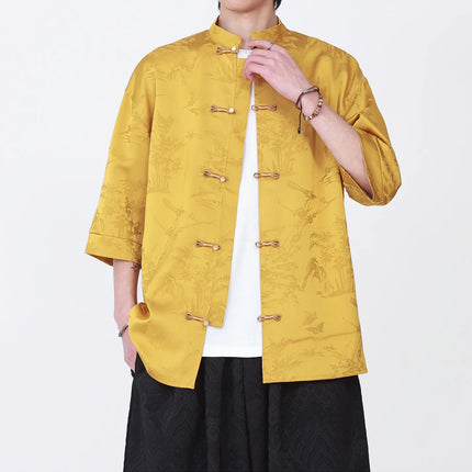 Camicie Estive da Uomo di Lusso in Jacquard Traspirante a Maniche Corte, Stile Cinese Tradizionale Kung Fu Tai Chi, Camicia Casual da Uomo