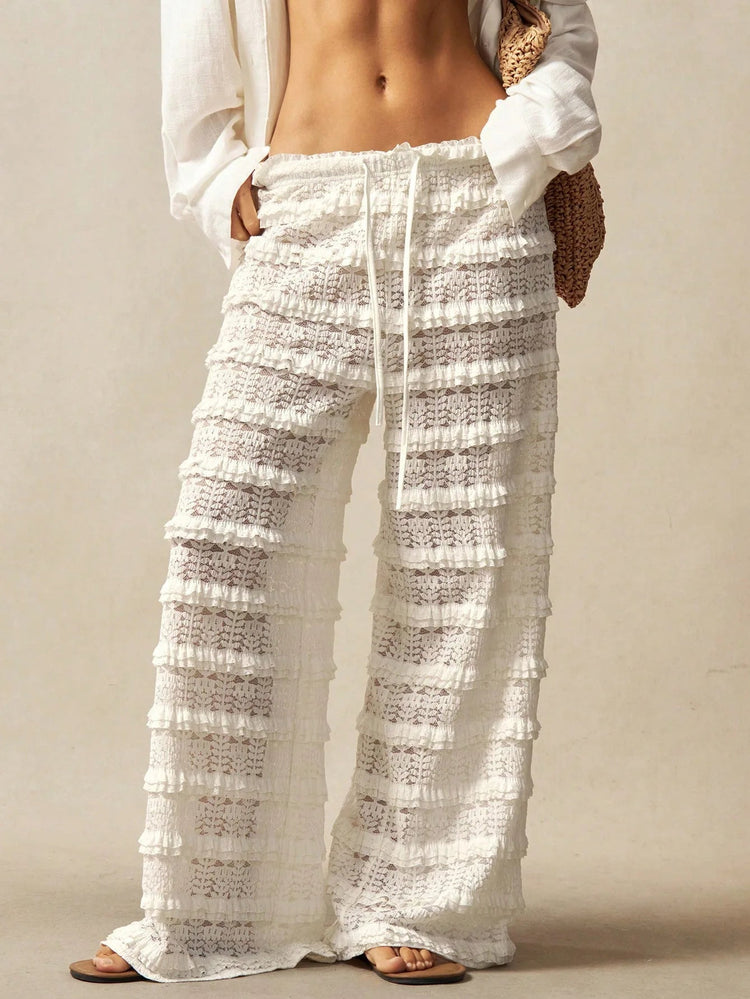 Pantaloni Estivi 2026 Casual Larghi a Gamba Larga in Maglia Tinta Unita da Donna per Vacanze e Spiaggia Stile Semplice Trasparenti platinumshop