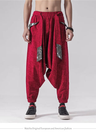 Pantaloni a gamba larga da uomo in cotone e lino casual oversize Harajuku pantaloni alla moda da uomo samurai giapponese retrò Ukiyo-e stampa pantaloni con cintura da uomo