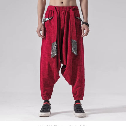 Pantaloni a gamba larga da uomo in cotone e lino casual oversize Harajuku pantaloni alla moda da uomo samurai giapponese retrò Ukiyo-e stampa pantaloni con cintura da uomo