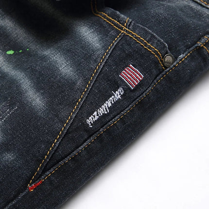 Fashion New Slim Stretch Ripped Jeans Men's Streetwear Paint Spots Denim Pants Hip Hop Punk Personality Hole Male Trousers PlatiNum
