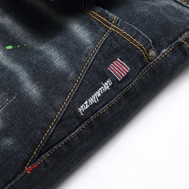 Fashion New Slim Stretch Ripped Jeans Men's Streetwear Paint Spots Denim Pants Hip Hop Punk Personality Hole Male Trousers PlatiNum