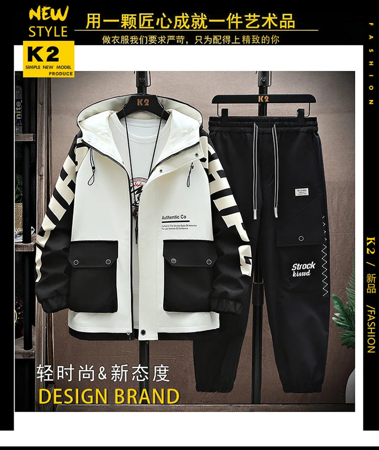 Spring Autumn Men Tracksuit Casual Joggers Hooded Sportswear Jackets Pants 2 Piece Sets Hip Hop Running Sports Suit