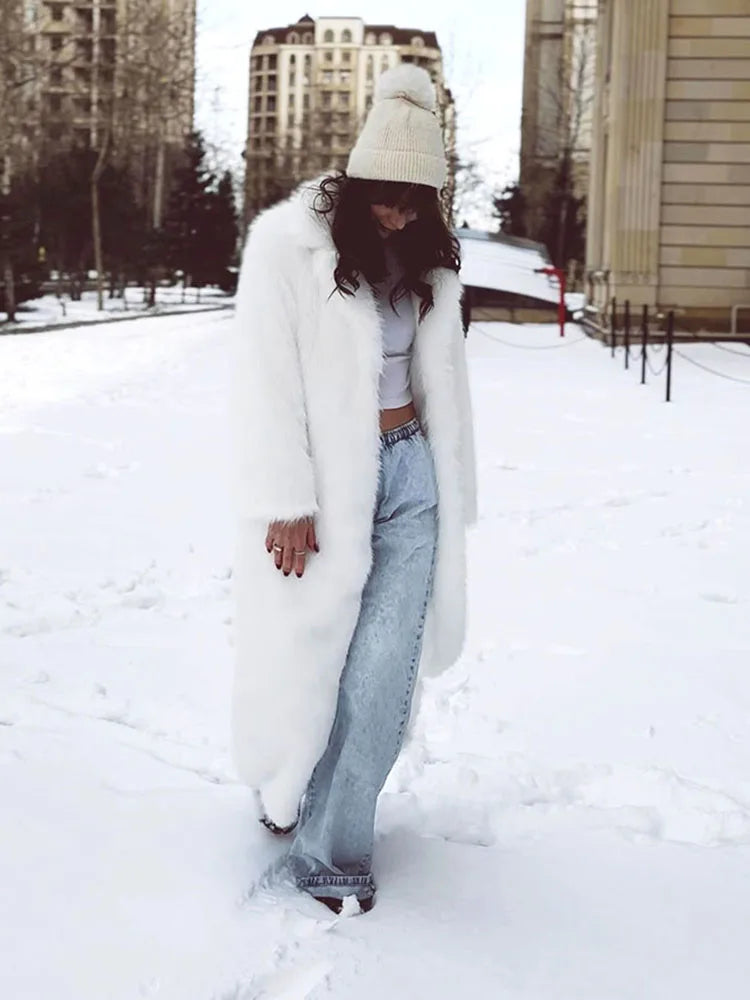 ZADORIN 130cm Super Long Fluffy Faux Fur Coat Woman Jacket Winter Lapel Thicken White Faux Fur Coats Jacket for Women Outerwears