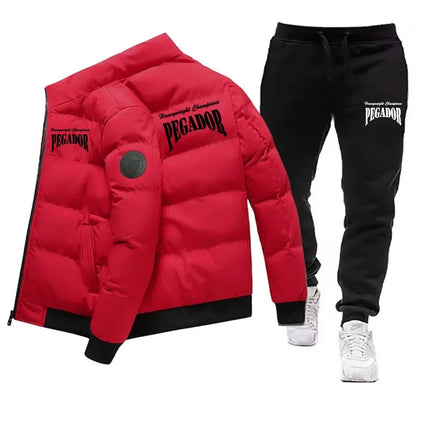 Men's Winter Warm Cotton Jacket+Drawstring Pants Set New Fashionable Casual Sports Pike Down Outdoor Windproof Jacket Set PlatiNum