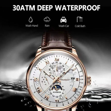 Orologio da uomo di lusso cronografo impermeabile modello fasi lunari orologio da polso da uomo luminoso in pelle orologi al quarzo da uomo orologio Casual platinumshop