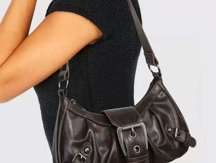 Y2K Vintage Distressed Leather Women Bag Shoulder Bag Maillard Style Underarm Purse Two Tone Crossbody Bag for Women PlatiNum