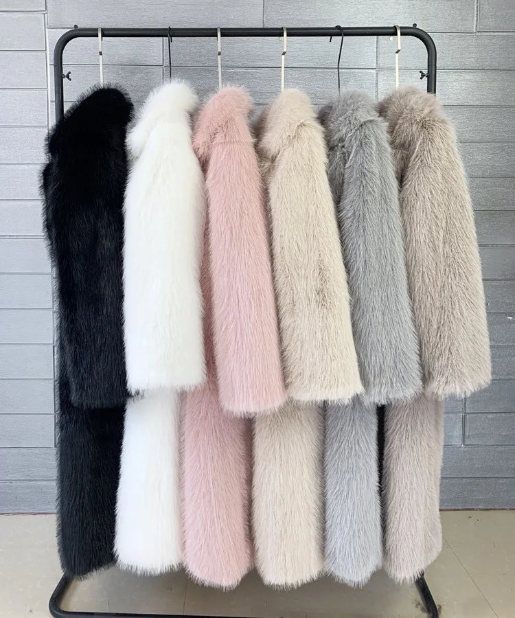 ZADORIN Winter Fluffy Jacket Women Solid Lapel Long Faux Fox Fur Coat Ladies Furry Warm Pink White Jacket Trench Coats Tops