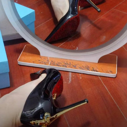 Nuovi tacchi alti con suola rossa per donna, primavera anticipata, tacchi sottili, punta a lama metallica, sexy, scarpe singole in pelle verniciata nera platinumshop