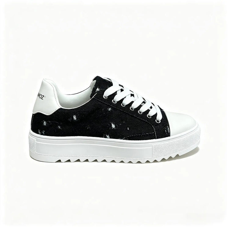 Okimoz Men Height Increasing Distressed Ripped Platform Canvas Sneakers Autumn Winter Low Top Lace Up Casual Campus Daily Skate