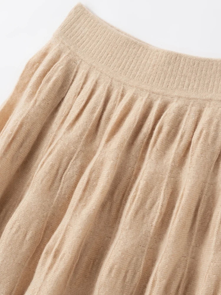 Women Cashmere Skirt A-Line Jacquard Elastic Waist Flared Skirt Autumn Winter 100% Cashmere Knitted Office Lady Curled Hem Dress PlatiNum