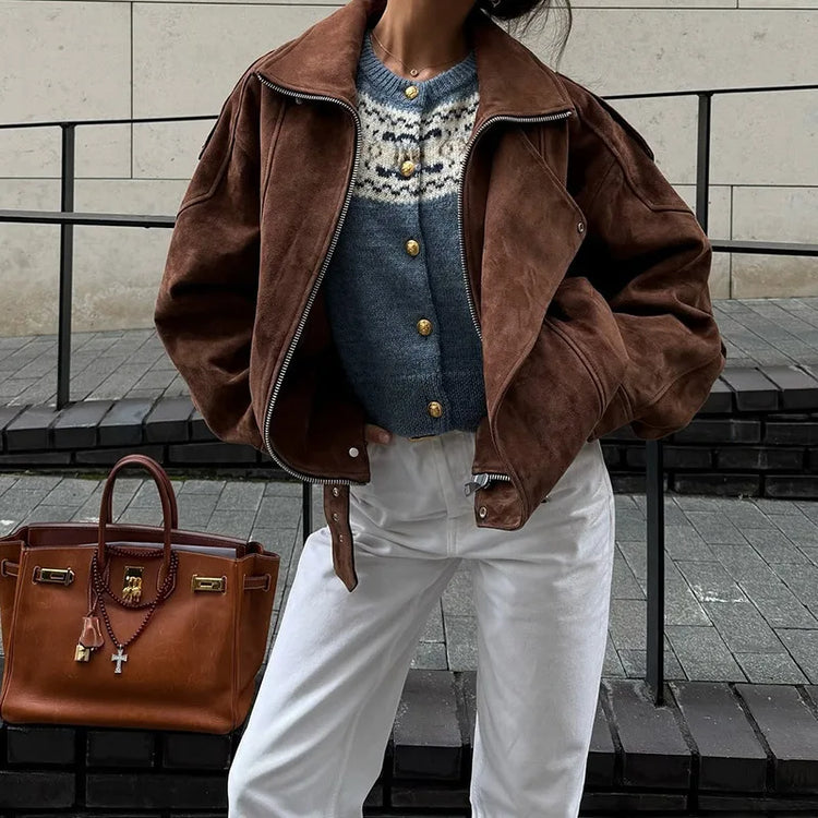 Women's Belt Short Suede Jackets Loose Lapel Long Sleeve Zipper Coats 2025 Spring Lady Vintage Female Outwear Street