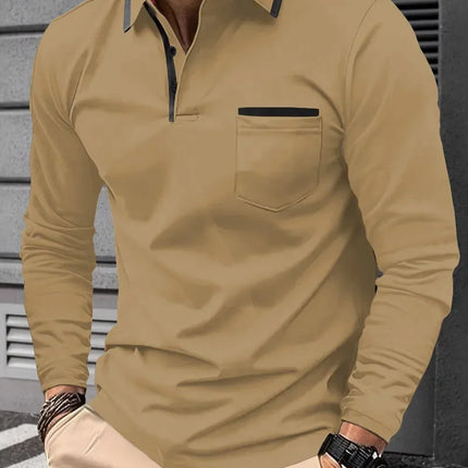 New men's long-sleeve polo shirt, casual sporty style, with lapel collar and decorative buttons, cross-border model.
