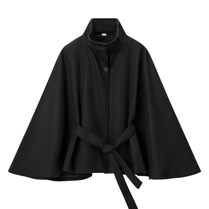5 Colors New Autumn High Collar Woolen Cape Coat Tie Bow Sashes Long Bat Sleeve Front Buttons Cloak Shawl Jacket Loose Outerwear