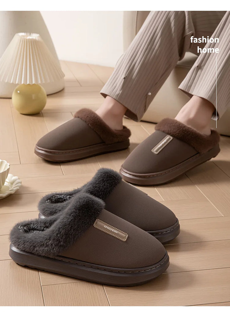 2026 New Large Size Mens Winter Cotton Slippers Thickened Non Slip Sole Indoor Home PU Plush Warm Slippers for Men