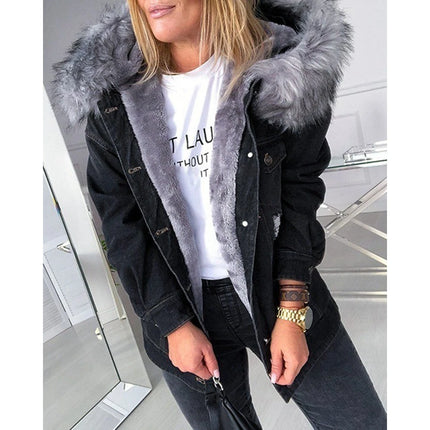Autumn Women Vintage Hooded Denim Jackets Wth a Large Fluffy Collar Frayed Design Buttoned Overcoat