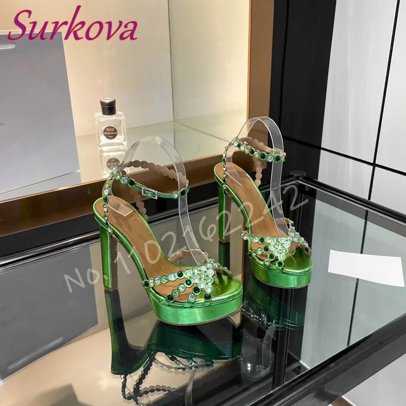Women'S Chunky Heel Waterproof Platform Sandals Rhinestones Ankle Strap Open Toe Party Evening Shoes Luxury Designer High Heels