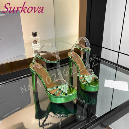 Women'S Chunky Heel Waterproof Platform Sandals Rhinestones Ankle Strap Open Toe Party Evening Shoes Luxury Designer High Heels