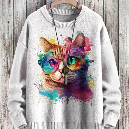 Cute Black Cat Graphic Retro Pattern 3D Printed Men's Knitted Pullover Winter Unisex Casual Warm Knit Pullover Sweater