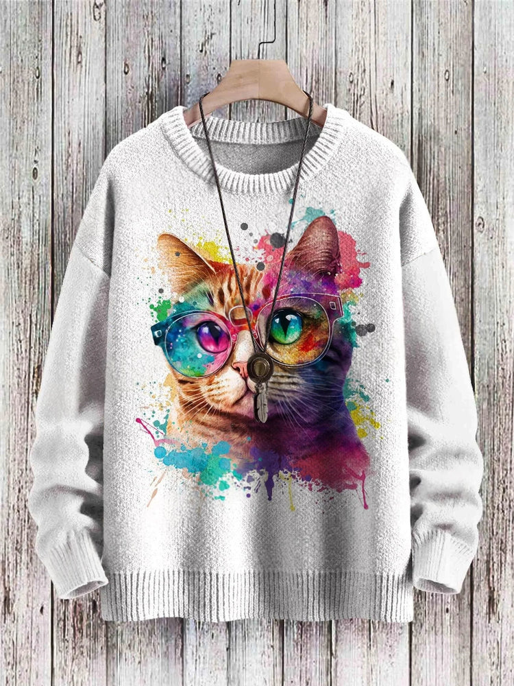 Cute Black Cat Graphic Retro Pattern 3D Printed Men's Knitted Pullover Winter Unisex Casual Warm Knit Pullover Sweater