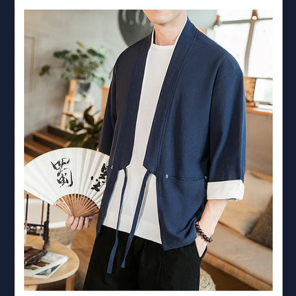 Nuova Camicia Uomo Kimono Giapponese in Cotone e Lino, T-shirt Comoda e Traspirante, Costume da Samurai Tradizionale, Camicia Casual Haori per Uomo