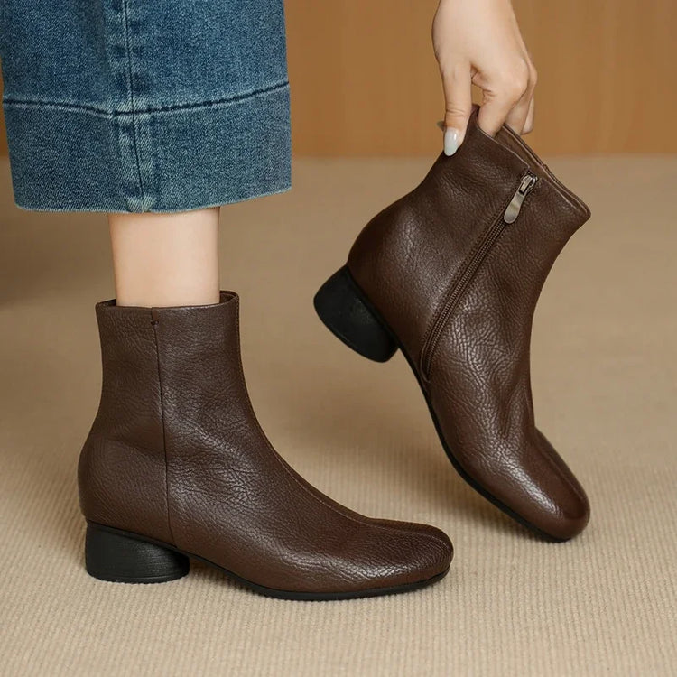 Women's Shoes Sheepskin Round Toe Side Zip 2027 Autumn Ankle Boots 4.5cm Thick Med Heel High Quality Soft Casual Short Booties