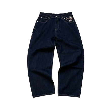 Casual suit retro low waist hip hop cherry blossom embroidered jeans wide leg pants y2k clothing mens embroidered loose jeans PlatiNum