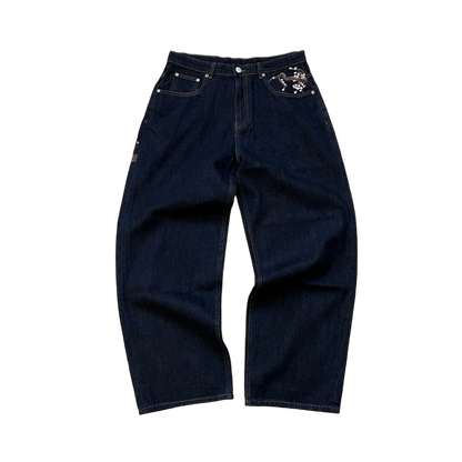 Abito casual retrò vita bassa hip hop fiori di ciliegio jeans ricamati pantaloni a gamba larga y2k abbigliamento jeans larghi ricamati da uomo