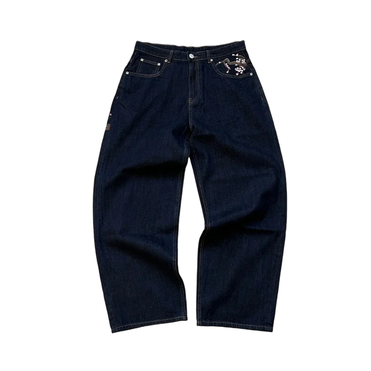 Casual suit retro low waist hip hop cherry blossom embroidered jeans wide leg pants y2k clothing mens embroidered loose jeans PlatiNum