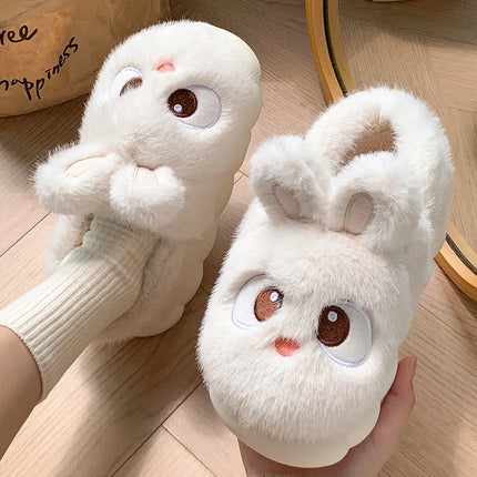 Chaussons d'intérieur en peluche chaude d'hiver en fourrure de lapin panda de dessin animé, pantoufles plates moelleuses thermiques amusantes pour femmes