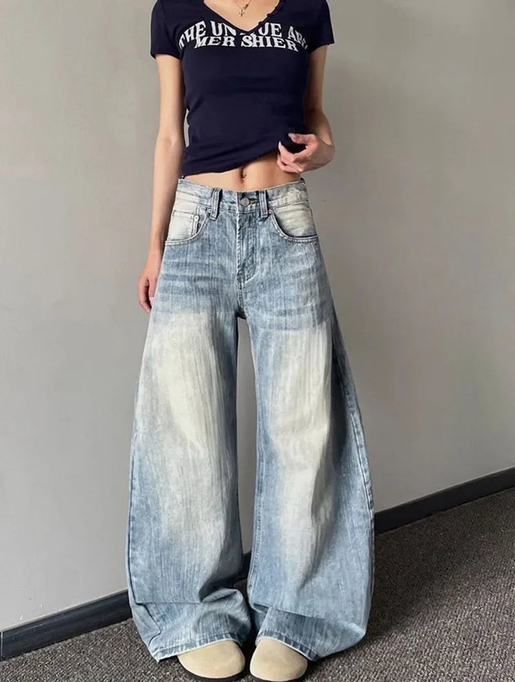 Jeans Vintage da Donna, Stile Americano Retrò, Gamba Larga Y2k, Vita Alta, Blu Chiaro, Pantaloni da Cowboy