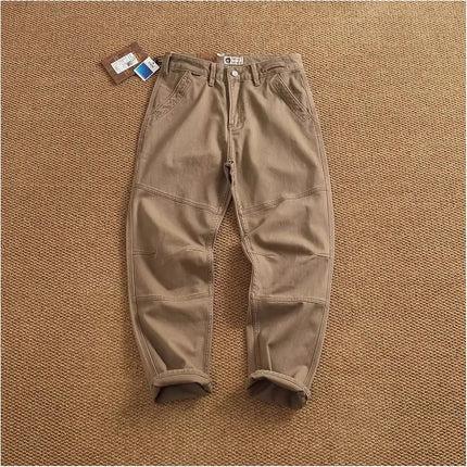 Retro heavy simple cargo pants men's loose straight leg casual pants pure cotton twill woven 3D vertical cut cone pants