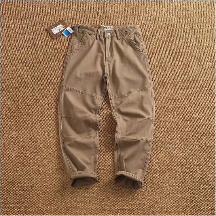 Retro heavy simple cargo pants men's loose straight leg casual pants pure cotton twill woven 3D vertical cut cone pants