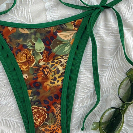 Costume da bagno bikini con stampa leopardata e bordo verde PlatiNum